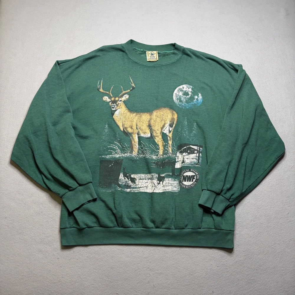 National Wildlife Federation Sweatshirt Mens XL Green‎ Deer Graphic Vintage NWF